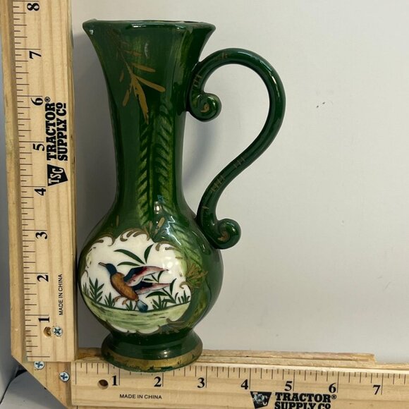 Other - Vintage Green Ceramic Pitcher Vase Decor Bird Design Gold Trim Japan 8 Inch